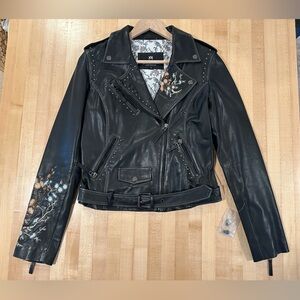 Black Leather Jacket with Floral Design